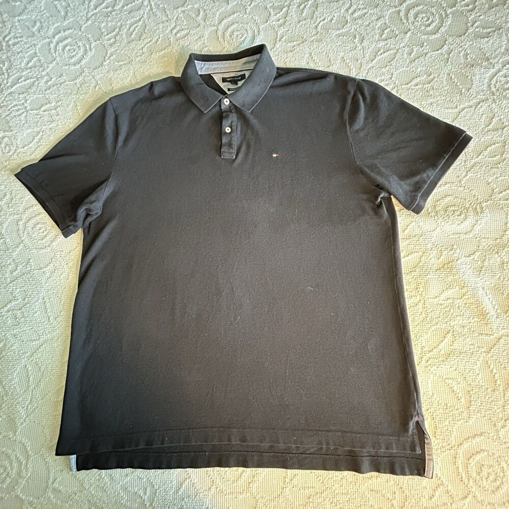 Tommy Hilfiger Classic Fit Black Polo Shirt XXL Cotton Blend Logo Short Sleeve